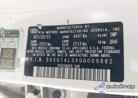 2016 Kia Optima Lx from USA, damaged, VIN 5XXGT4L3XGG009882